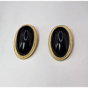 vintage large oval black cabochon goldtone border clip on earrings